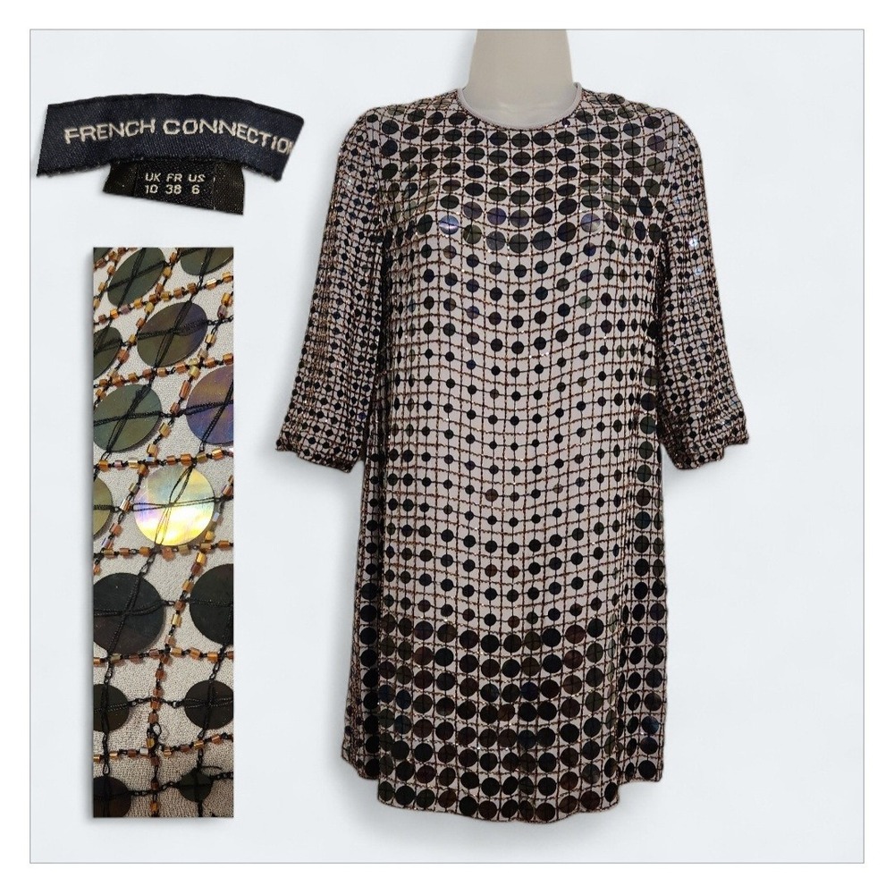 French Connection Iridescent Beaded Sequin Mini Dress Sz 6 Small Cocktail Party